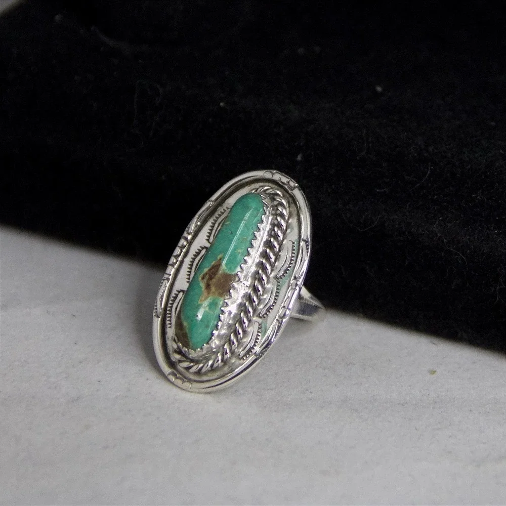 Vintage Navajo Sterling Silver Turquoise Stamped Oval Ring, Size 6.5 Hallmarked